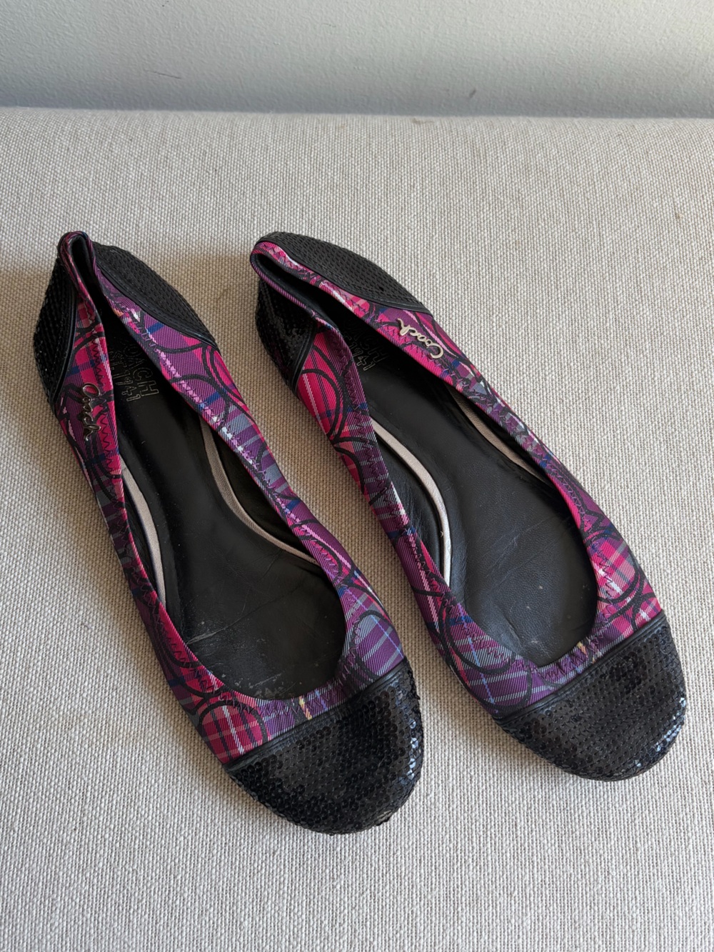 COACH Poppy Plaid Glitter Signature Print Slip-On Sequins Ballet Flats 9